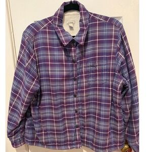 LL Bean Plaid Fleece Lined Flannel Shirt Jacket Womens Size L Purple Blue